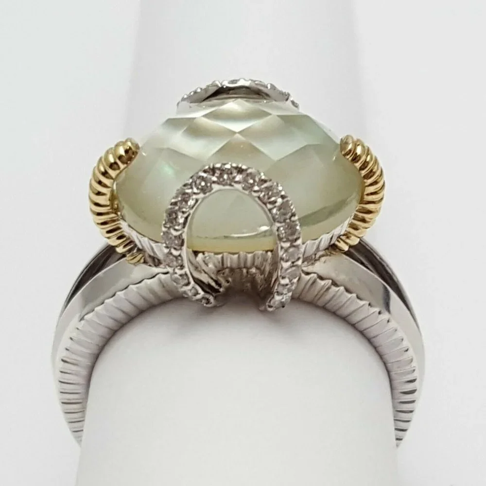 RB Signed Sterling Silver 925 18K Yellow Gold Two Tone Ring w/Diamonds & Crystal